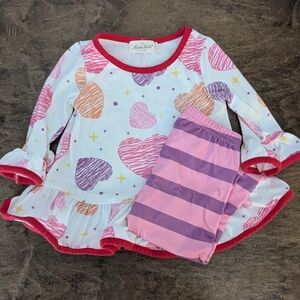 Marie Nicole 3XS Heart Print Ruffle Top & Pink Purple Stripe Legging Set